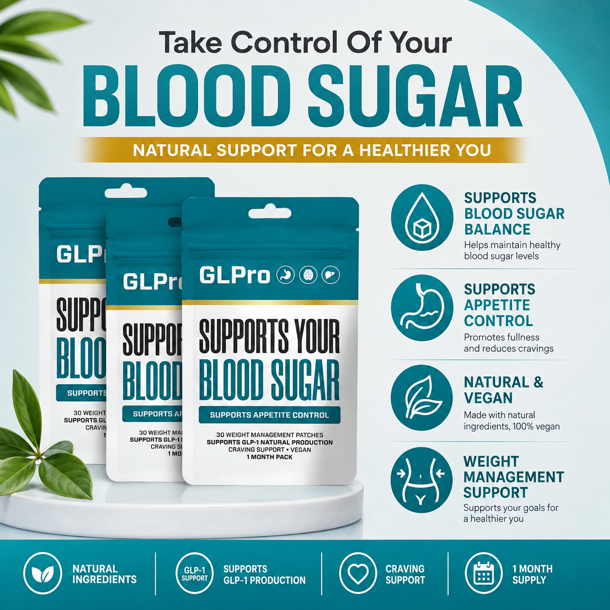 GLPro Patches key benefits: blood sugar balance, appetite control, natural and vegan, weight management support